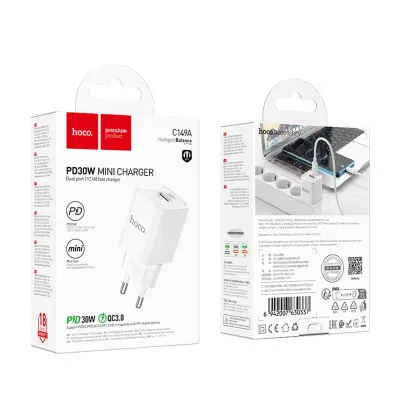 Мережевий зарядний пристрій Hoco C149A Charm PD30W+QC3.0 (30W) White, Білий