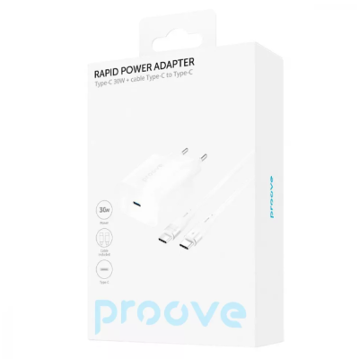 Сетевое зарядное устройство Proove Rapid 1PD 30W + Кабель Type-C to Type-C  White, Белый