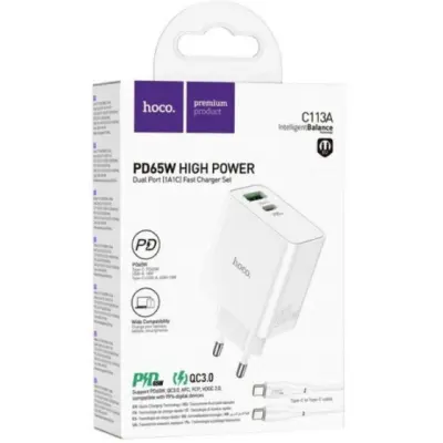 Сетевое зарядное устройство Hoco C113A PD 65W + Кабель Type-C to Type-C White, Белый