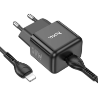 Мережевий зарядний пристрій  Hoco N32 1PD 30W + Кабель Type-C to Lightning Black, Чорний