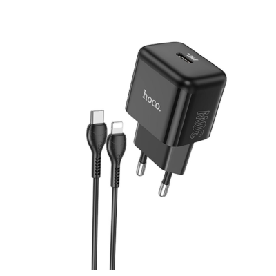 Мережевий зарядний пристрій  Hoco N32 1PD 30W + Кабель Type-C to Lightning Black, Чорний