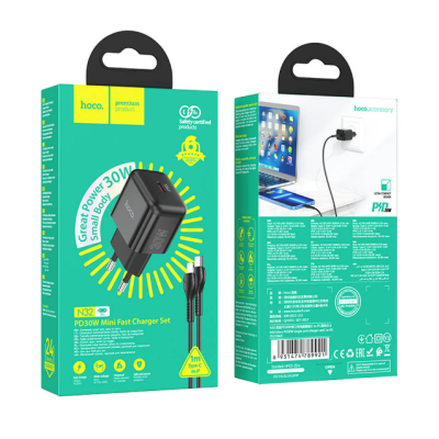 Мережевий зарядний пристрій  Hoco N32 1PD 30W + Кабель Type-C to Lightning Black, Чорний