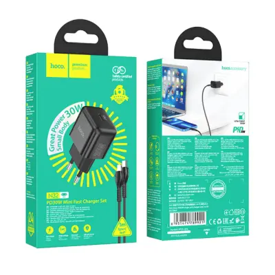 Мережевий зарядний пристрій  Hoco N32 1PD 30W + Кабель Type-C to Lightning Black, Чорний