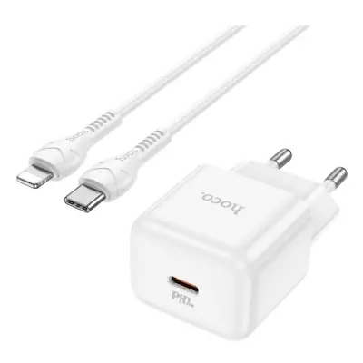 Мережевий зарядний пристрій Hoco N32 1PD 30W + Кабель Type-C to Lightning White, Білий
