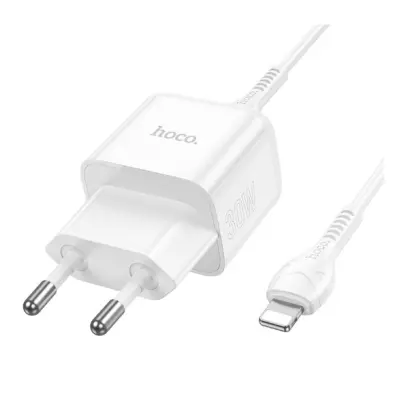 Мережевий зарядний пристрій Hoco N32 1PD 30W + Кабель Type-C to Lightning White, Білий