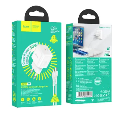 Мережевий зарядний пристрій Hoco N32 1PD 30W + Кабель Type-C to Lightning White, Білий