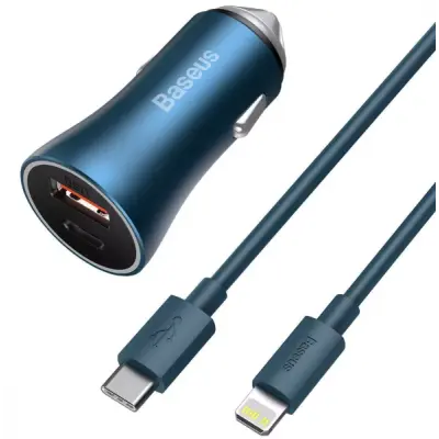 Автомобільний зарядний пристрій Baseus Golden Contactor 1USB+1PD + кабель Type-C to Lightning QC 40w Blue, Синій