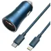 Автомобільний зарядний пристрій Baseus Golden Contactor 1USB+1PD + кабель Type-C to Lightning QC 40w Blue, Синій