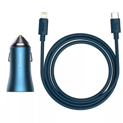 Автомобільний зарядний пристрій Baseus Golden Contactor 1USB+1PD + кабель Type-C to Lightning QC 40w Blue, Синій