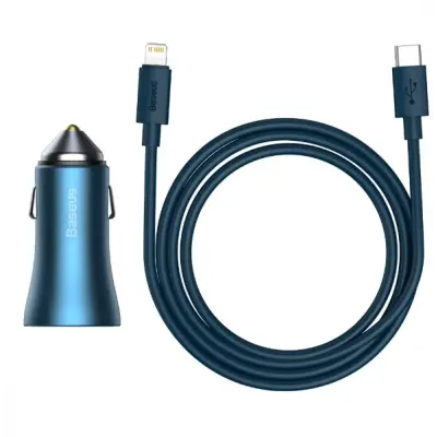 Автомобільний зарядний пристрій Baseus Golden Contactor 1USB+1PD + кабель Type-C to Lightning QC 40w Blue, Синій