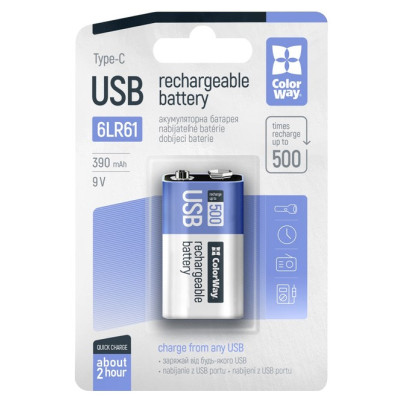 Батарейка ColorWay (Крона) USB-C 390 Мач 9V (LI-Polimer) 1 шт перезаряджувальна