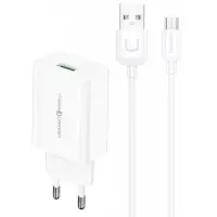 Сетевое зарядное устройство Usams T48 KiT T22 USB-A QC3.0 18W 3A  + MicroUSB White, Белый