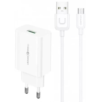 Сетевое зарядное устройство Usams T48 KiT T22 USB-A QC3.0 18W 3A  + MicroUSB White, Белый