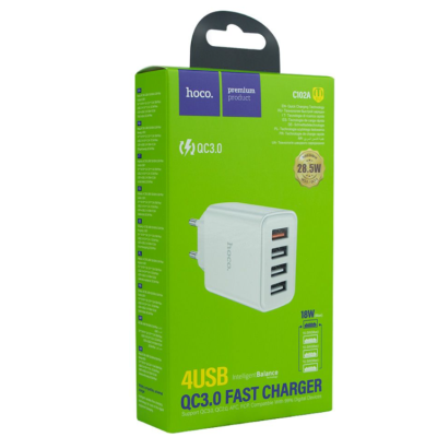 Мережевий зарядний пристрій  Hoco C102A 4 USB+QC3.0 28.5W White, Білий