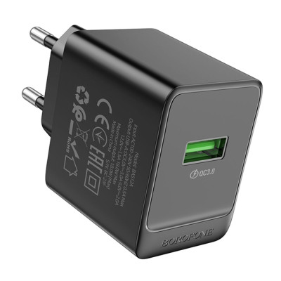 Мережевий зарядний пристрій Borofone BAS12A 1USB 18W QC3.0 Black, Чорний