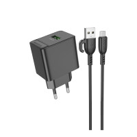 Мережевий зарядний пристрій Borofone BAS12A 1USB 18W QC3.0 + Micro USB Black, Чорна