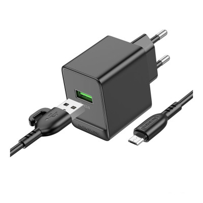 Мережевий зарядний пристрій Borofone BAS12A 1USB 18W QC3.0 + Micro USB Black, Чорна