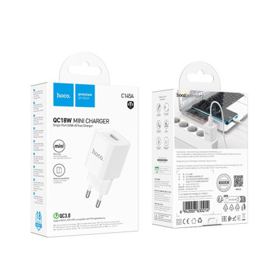 Мережевий зарядний пристрій Hoco C145A 1USB/18W/QC 3.0 White, Білий