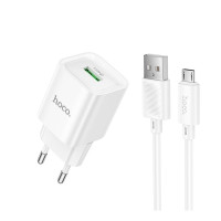 Мережевий зарядний пристрій Hoco C145A 1USB/18W/QC 3.0 + MicroUSB White, Білий Мережевий зарядний пристрій Hoco C145A 1USB/18W/QC 3.0 + MicroUSB White, Білий