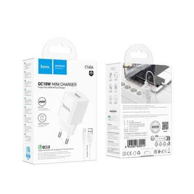 Мережевий зарядний пристрій Hoco C145A 1USB/18W/QC 3.0 + MicroUSB White, Білий