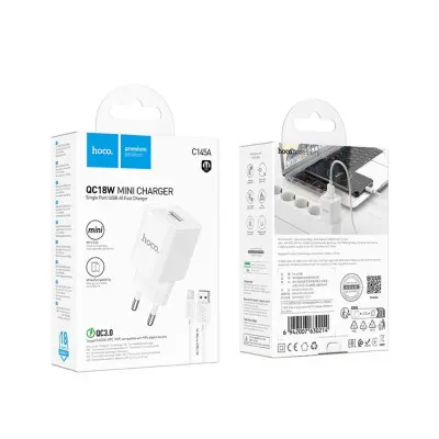 Мережевий зарядний пристрій Hoco C145A 1USB/18W/QC 3.0 + MicroUSB White, Білий