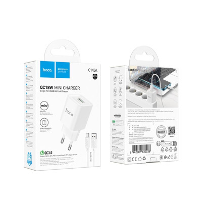 Мережевий зарядний пристрій Hoco C145A 1USB/18W/QC 3.0 + Type-C White, Білий
