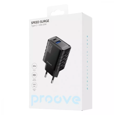 Сетевое зарядное устройство Proove Speed Surge Gan 20W PD+USB Black, Чёрный