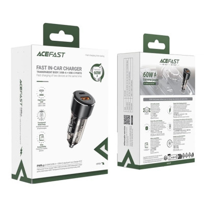 Автомобільний зарядний пристрій Acefast B12 (USB+Type-C) 60W Black, Чорний