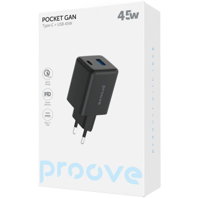 Сетевое зарядное устройство Proove Pocket Gan 45W PD+USB Black, Чёрный