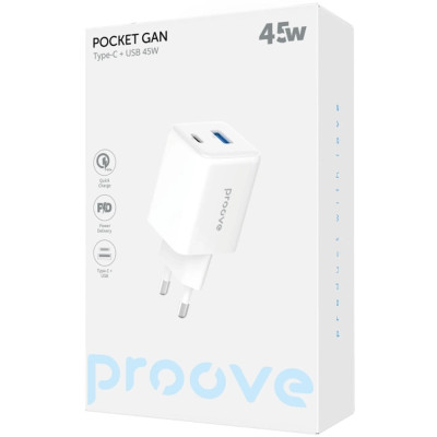 Сетевое зарядное устройство Proove Pocket Gan 45W PD+USB, Белый