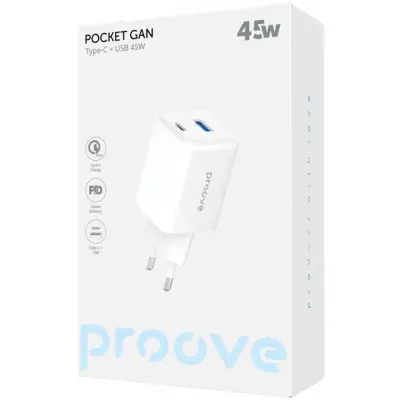Мережевий зарядний пристрій Proove Pocket Gan 45WPD+USB, Білий