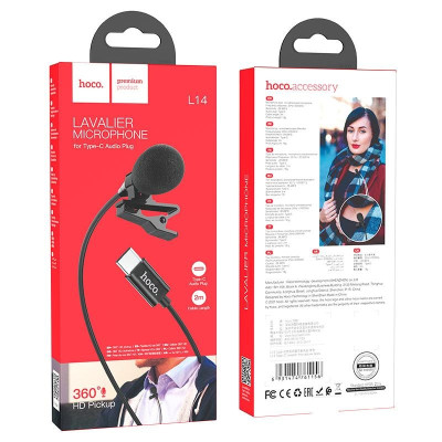 Мікрофон петличний Hoco L14 Type-C 2м Black, Чорний