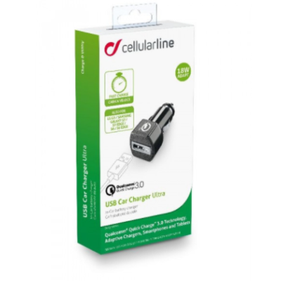 Автомобильное зарядное устройство USB Cellularline (QC3.0) Black, Чёрный