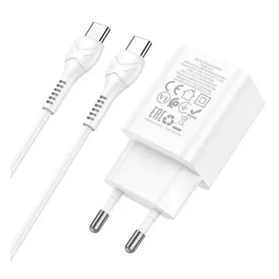 Мережевий зарядний пристрій Hoco N27 PD 20W + Кабель Type-C to Type-C White, Білий