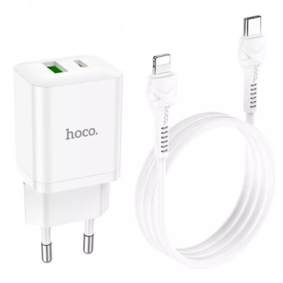 Мережевий зарядний пристрій  Hoco N28 1PD+1USB 20W + Кабель Type-C to Lightning White, Білий