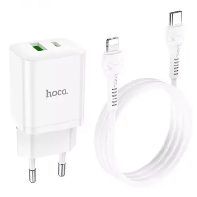 Мережевий зарядний пристрій  Hoco N28 1PD+1USB 20W + Кабель Type-C to Lightning White, Білий