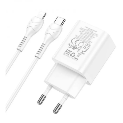 Мережевий зарядний пристрій  Hoco N28 1PD+1USB 20W + Кабель Type-C to Lightning White, Білий