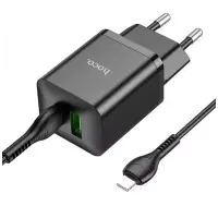 Мережевий зарядний пристрій  Hoco N28 1PD+1USB 20W + Кабель Type-C to Lightning Black, Чорний