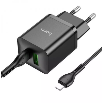Сетевое зарядное устройство Hoco N28 1PD+1USB 20W + Кабель Type-C to Lightning Black, Черный