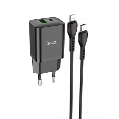 Сетевое зарядное устройство Hoco N28 1PD+1USB 20W Type-C to Lightning Black, Черный