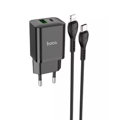Сетевое зарядное устройство Hoco N28 1PD+1USB 20W + Кабель Type-C to Lightning Black, Черный