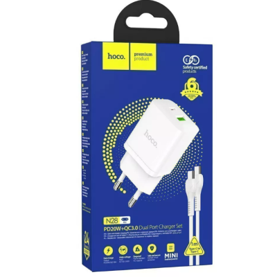 Сетевое зарядное устройство Hoco N28 1PD+1USB 20W + Кабель Type-C to Type-C White, Белый