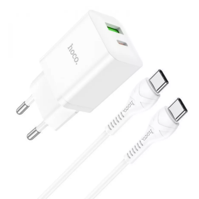 Сетевое зарядное устройство Hoco N28 1PD+1USB 20W + Кабель Type-C to Type-C White, Белый