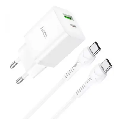 Мережевий зарядний пристрій Hoco N28 1PD+1USB 20W + Кабель Type-C to Type-C White, Білий