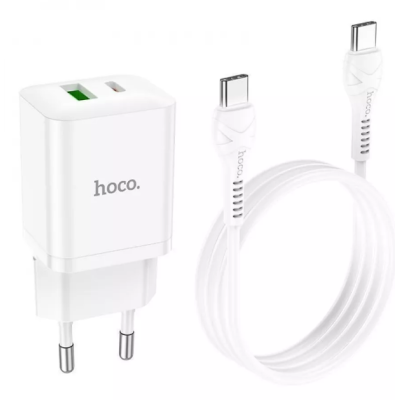 Сетевое зарядное устройство Hoco N28 1PD+1USB 20W + Кабель Type-C to Type-C White, Белый