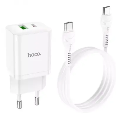 Мережевий зарядний пристрій Hoco N28 1PD+1USB 20W + Кабель Type-C to Type-C White, Білий