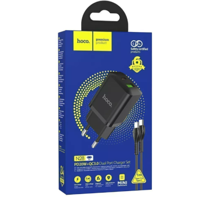 Мережевий зарядний пристрій Hoco N28 1PD+1USB 20W Type-C to Type-C Black, Чорний