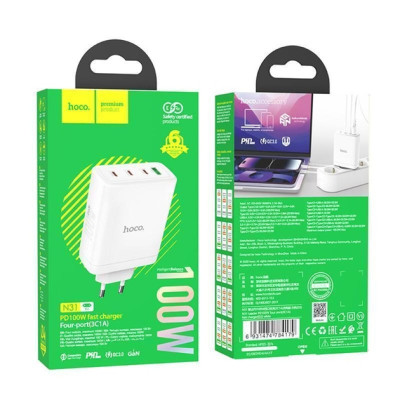 Мережевий зарядний пристрій Hoco N31 Leader  100W 3PD+1USB White, Білий