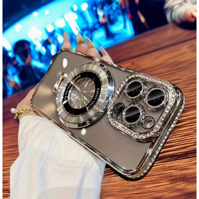 Чохол накладка Magnetic Stand Rhinestones Clear iPhone 15 Pro Max Срібна