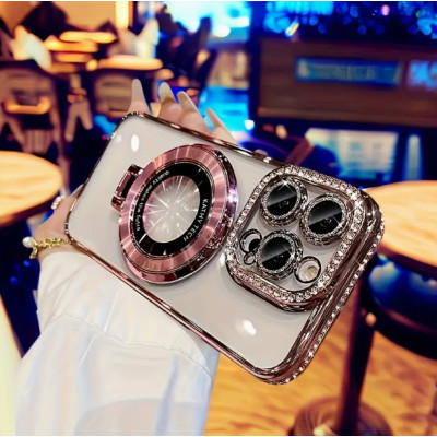 Чохол накладка Magnetic Stand Rhinestones Clear iPhone 13 Рожева